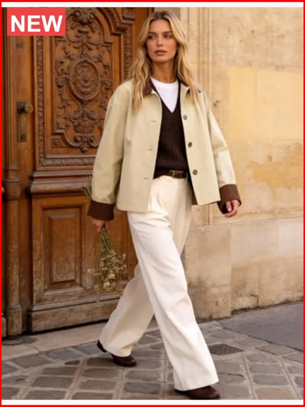 Cropped Trench Coat with Contrast Collar and Corduroy Splicing, Lightweight - Picture 5 of 7